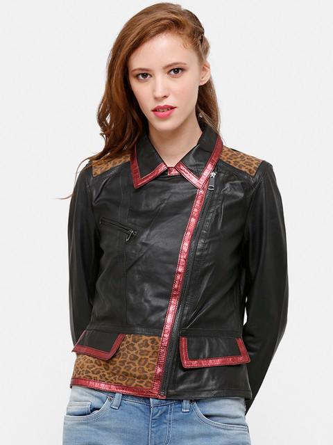 

STROP Women Black Printed Leather Biker Jacket