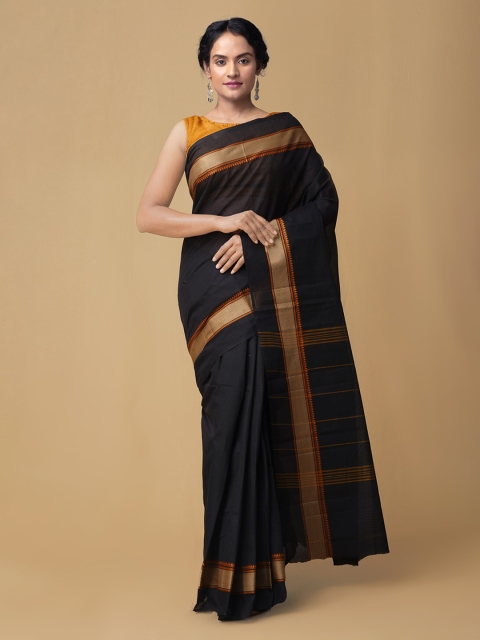 Unnati Silks Black Pure Cotton Solid Kanjeevaram Saree