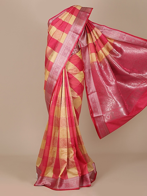 

Pothys Pink & Yellow Art Silk Checked Saree