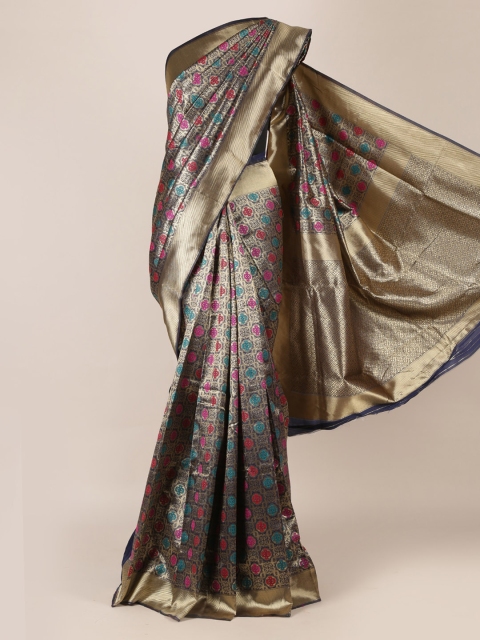 

Pothys Navy Blue & Gold-Toned Jute Silk Woven Design Saree
