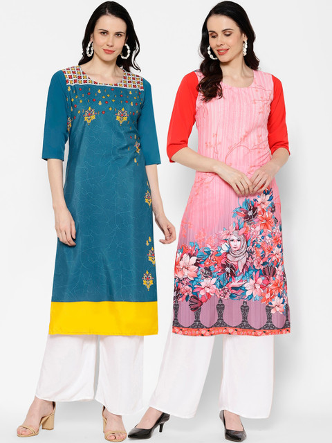 

7Threads Women Pack Of 2 Printed Straight Kurtas, Blue