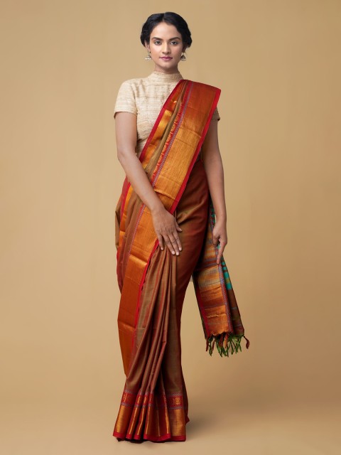 Unnati Silks Brown & Gold-Toned Pure Cotton Solid Narayan Peth Saree