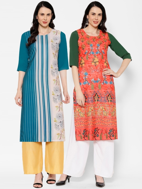 7Threads Women Pack Of 2 Printed Straight Kurtas, Navy blue