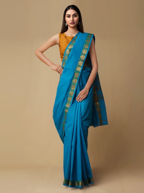 

Unnati Silks Blue & Gold-Toned Pure Cotton Woven Design Kanjeevaram Saree