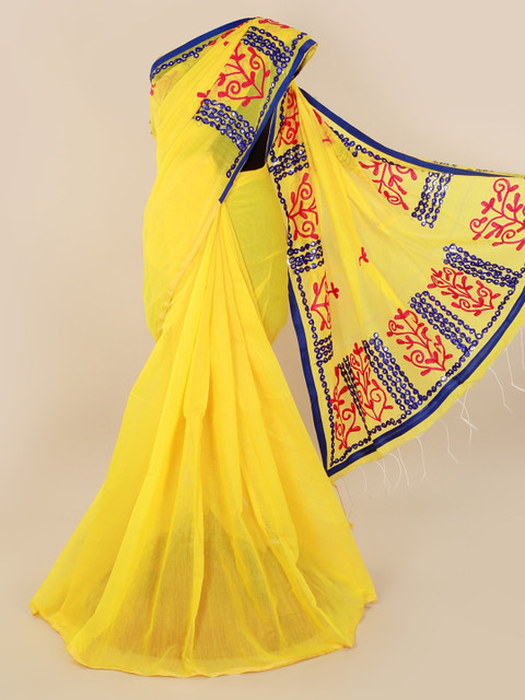 

Pothys Yellow Solid Cotton Blend Saree