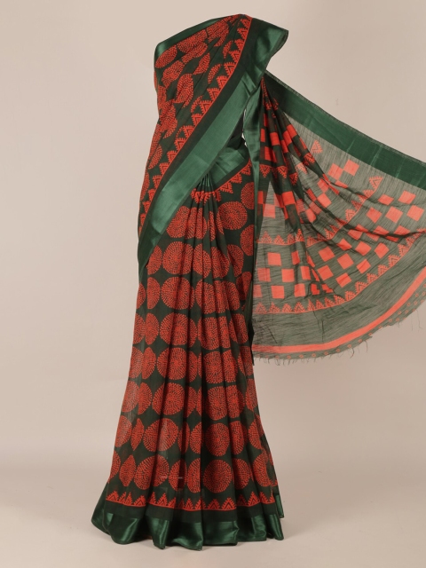 Pothys Green Printed Linen Blend Saree with Zari Border