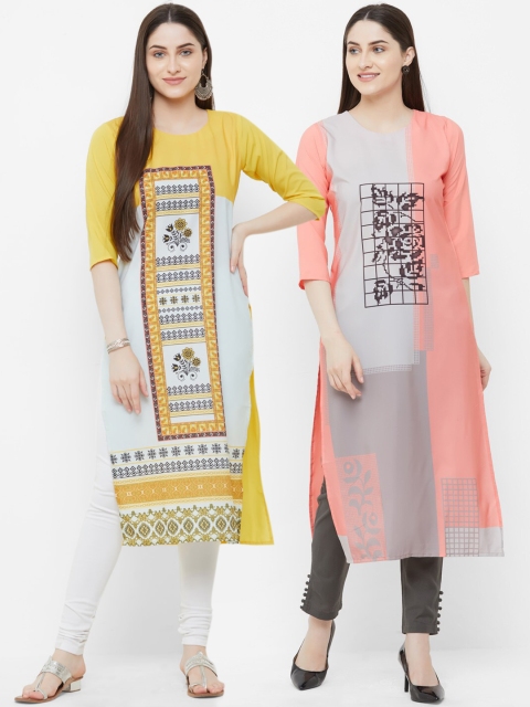 

7Threads Women Pack Of 2 Printed Straight Kurtas, Mustard