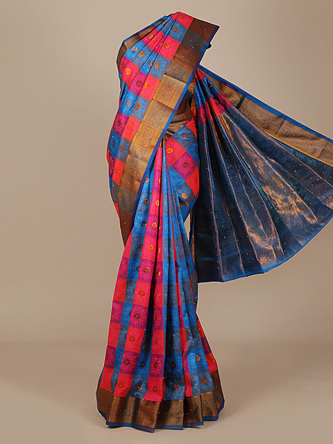 

Pothys Blue & Pink Art Silk Checked Saree
