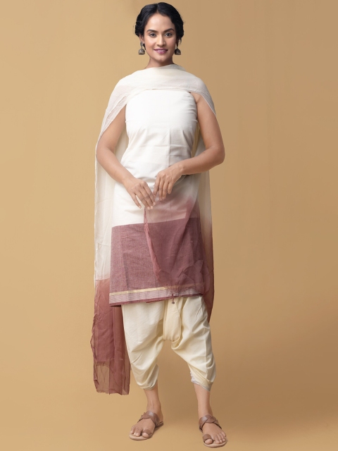 

Unnati Silks Women Cream-Coloured & Brown Solid Unstitched Dress Material
