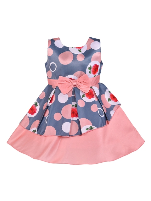 

Wish Karo Girls Peach-Coloured Printed Fit and Flare Silk Dress