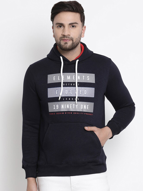 

COBB Men Navy Blue Printed Hooded Sweatshirt
