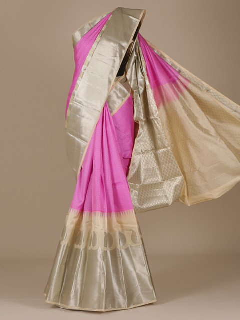 

Pothys Pink & Gold-Toned Pure Silk Colourblocked Saree