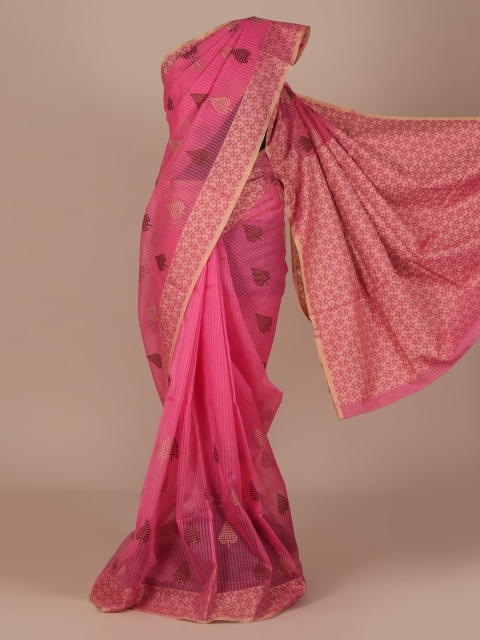 

Pothys Pink Checked Manipuri Cotton Blend Saree with Zari Border