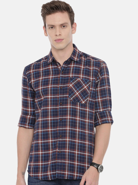 

William White Men Brown & Blue Slim Fit Checked Casual Shirt