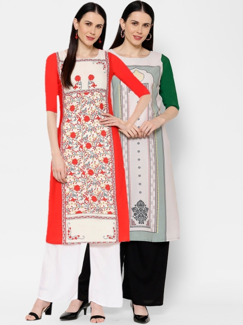 

7Threads Women Set Of 2 White & Red Printed Straight Kurta