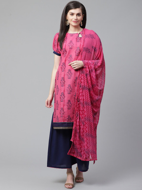

Chhabra 555 Women Pink & Navy Blue Embroidered Kurta with Palazzos & Dupatta