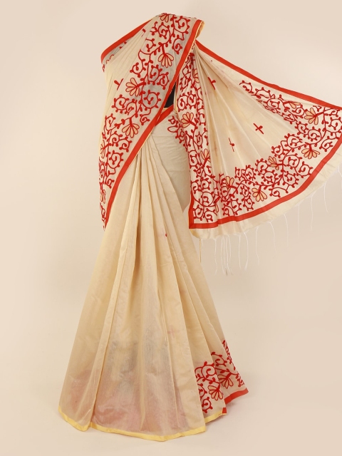 

Pothys Cream-Coloured & Red Cotton Blend Embroidered Saree