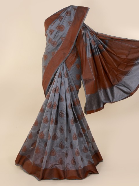 

Pothys Grey & Brown Cotton Blend Printed Saree