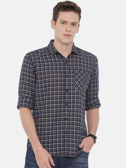 

William White Men Navy Blue Slim Fit Checked Casual Shirt
