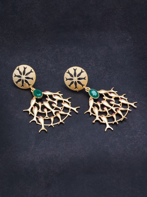 

Golden Peacock Gold-Toned & Green Contemporary Drop Earrings