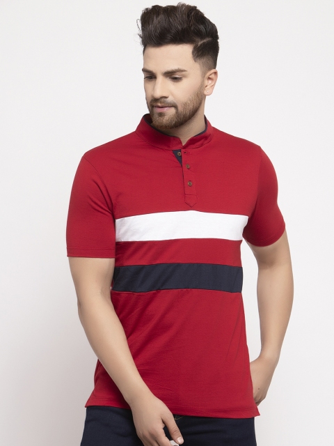 

Kalt Men Red & White Striped Mandarin Collar T-shirt