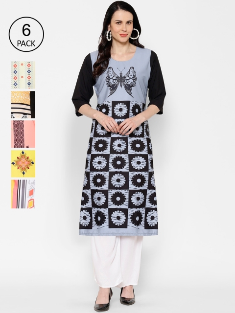 

7Threads Women Pack Of 6 Printed Straight Kurtas, Blue