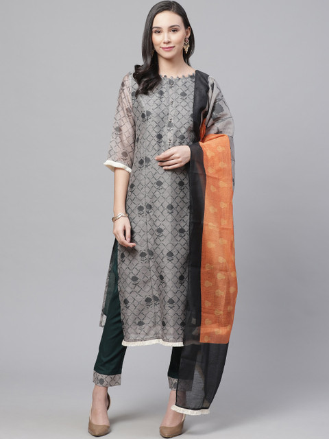 

Chhabra 555 Women Grey & Green Printed Kurta with Trousers & Dupatta