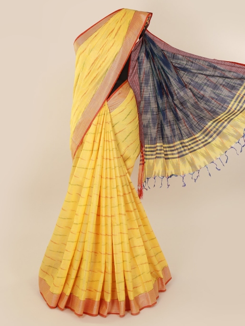 

Pothys Yellow & Red Linen Blend Striped Saree