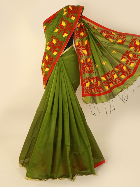 

Pothys Green Solid Cotton Blend Saree