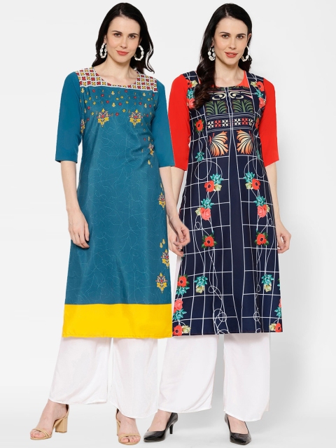 

7Threads Women Set Of 2 Printed Straight Kurta, Blue