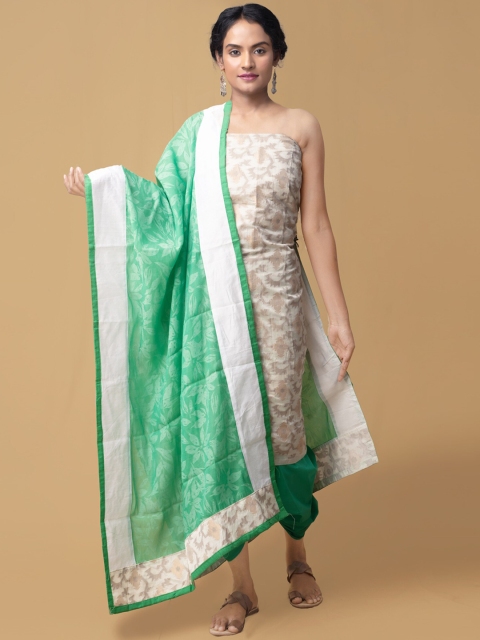 

Unnati Silks Women Cream-Coloured & Green Unstitched Dress Material
