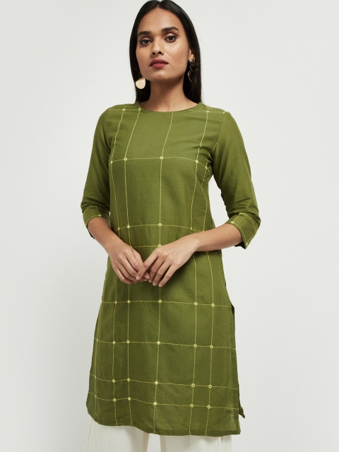 

max Women Olive Green Woven Design Straight Kurta