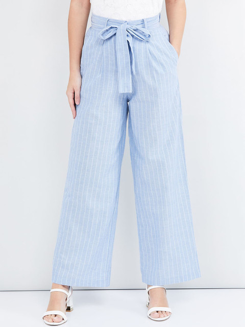 

max Women Blue & White Striped Cotton Straight Palazzos with Tie-Up Detail