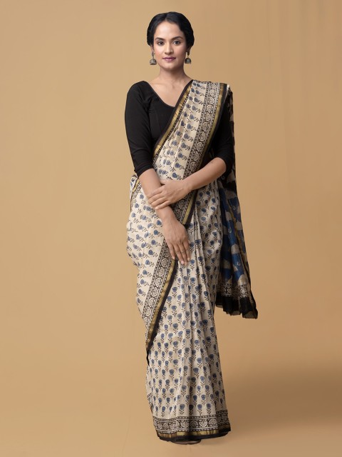 

Unnati Silks Cream-Coloured Pure Silk Printed Chanderi Saree