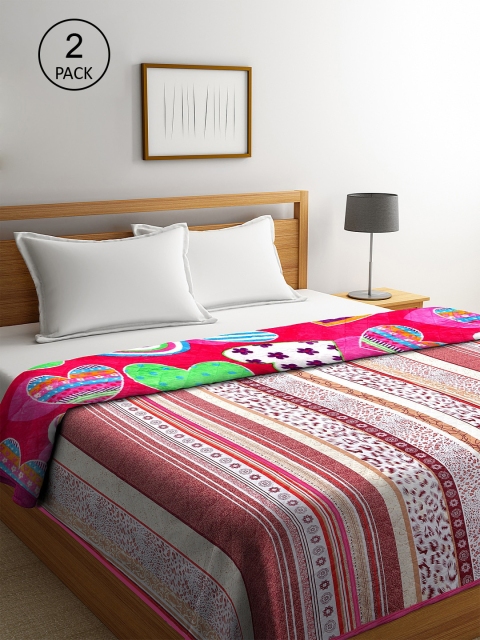 

KLOTTHE Pink & Green Set of 2 Abstract Mild Winter 800 GSM Double Bed Blankets