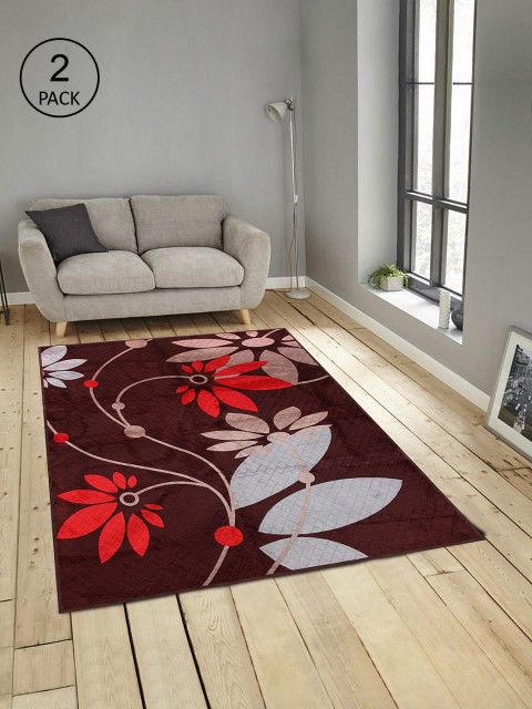 

KLOTTHE Set Of 2 Brown & Red Floral Printed Carpets