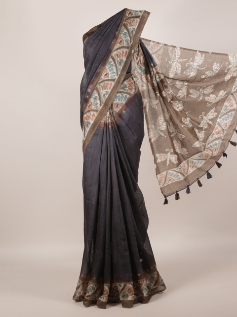 

Pothys Black & Brown Jute Silk Solid Saree with Jhalar Pallu