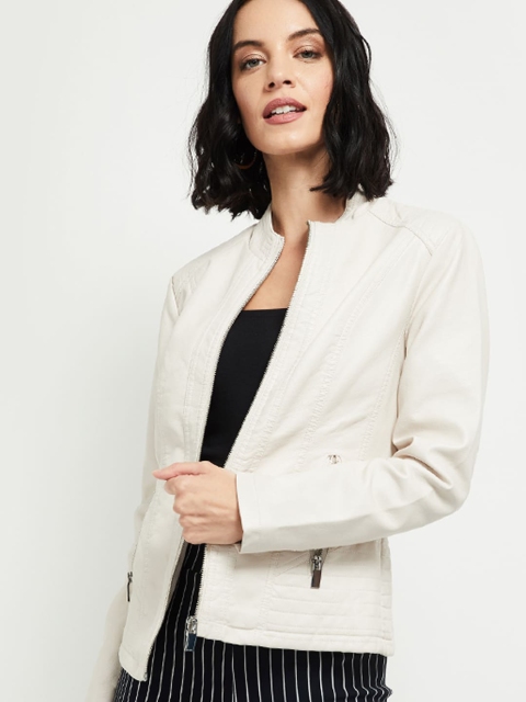 

max Women Cream-Coloured Solid Bomber Jacket