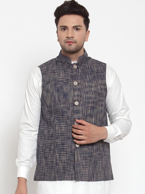 

Jompers Men Blue & Beige Woven Design Nehru Jacket