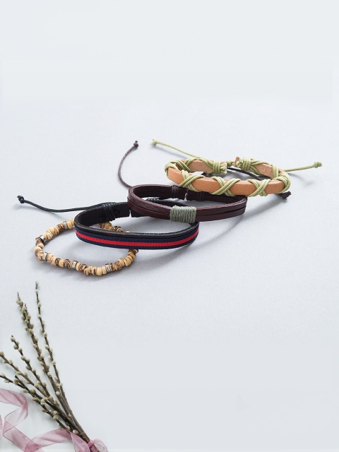

Golden Peacock Women Set Of 4 Brown Leather Link Bracelets