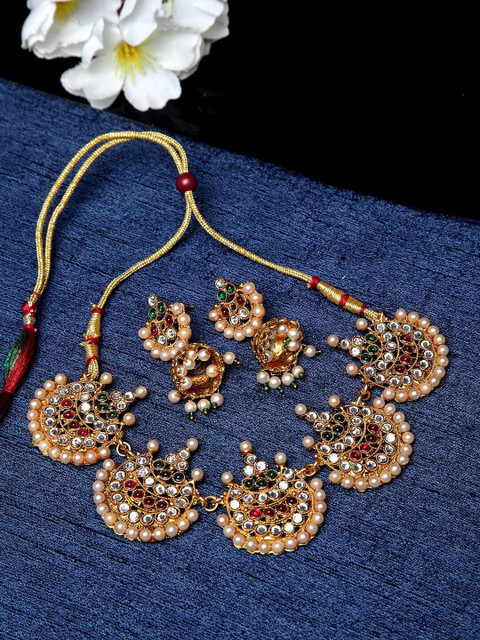 

Shining Diva Gold-Plated White & Red Stone-Studded Pearl Embellished Antique Jewellery Set