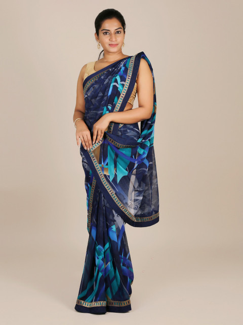 

Pothys Blue Printed Poly Georgette Saree