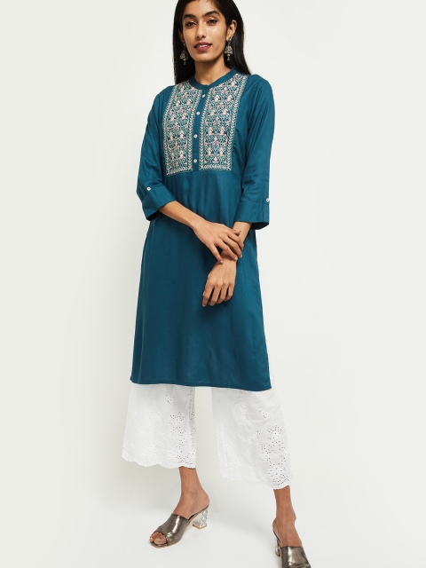 

max Women Teal Embroidered Straight Kurta