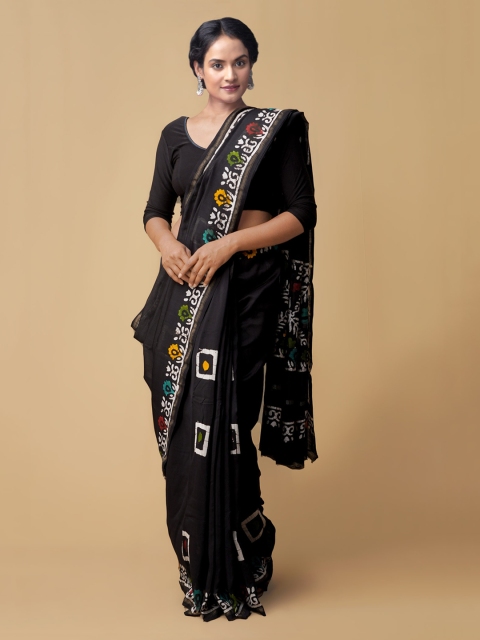 Unnati Silks Black Pure Silk Printed Chanderi Saree