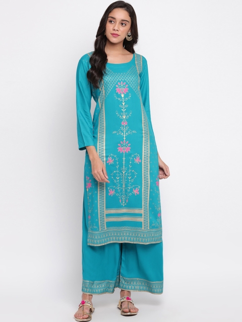 

Ashnaina Women Turquoise Blue & Gold-Toned Printed Kurta with Palazzos & Dupatta