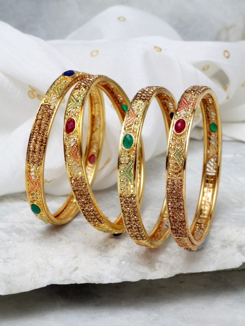 

Shining Diva Set Of 4 Gold-Plated Beige & Red Stone-Studded Meenakari Bangles