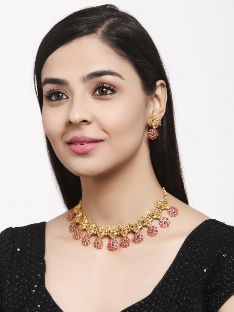 

Shining Diva Gold-Plated Red & Green Stone Studded Temple Jewellery Set