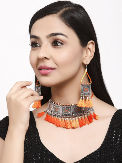 

Shining Diva Silver-Toned & Orange Tasselled Jewellery Set