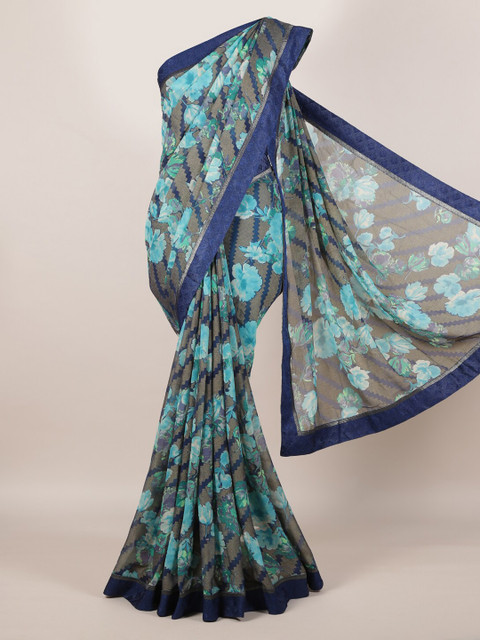 

Pothys Blue & Grey Poly Georgette Floral Printed Saree