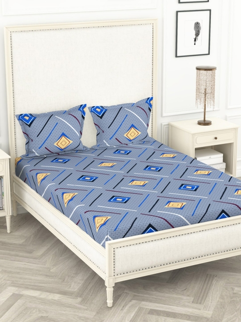 

BIANCA Grey & Blue Geometric 210 TC Polyester 1 King Bedsheet with 2 Pillow Covers